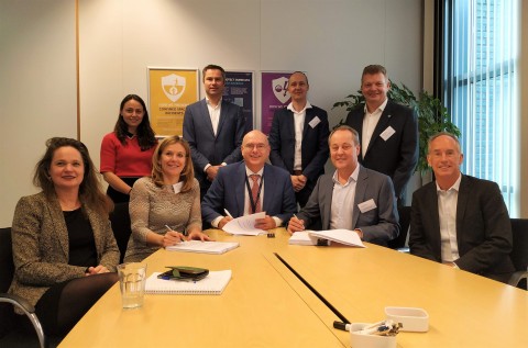 Stork’s Carla Rodenburg together with Lex de Groot, Neptune Energy, and Worley’s Jim Lenton sign a four-year engineering services agreement for Dutch assets in the North Sea. (L to R with pens in hand) (Photo: Business Wire)