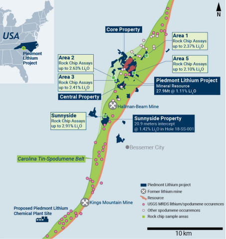 Figure 1 - TSB Map showing Piedmont MRE, New Pegmatite Discoveries, and Historical Mines and Data (Graphic: Business Wire)