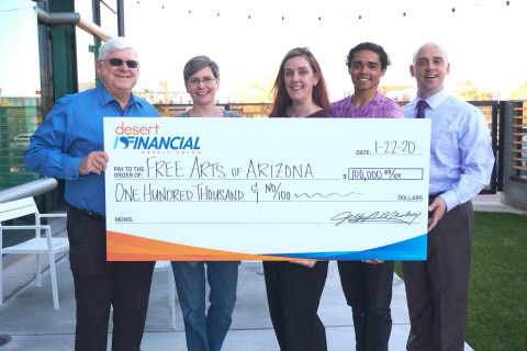 Pictured (LtoR): Jeff Meshey, President & CEO of Desert Financial, Cathy Graham, Executive Vice President of Desert Financial, Alicia Sutton Campbell, Executive Director of Free Arts, Adrian Rice, Free Arts Alumni, Vince Evans, Development Officer for Free Arts (Photo: Business Wire)