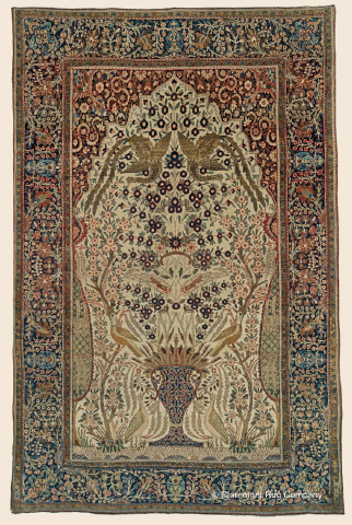 Antique Persian Mohtasham Kashan “Vase Rug", 4’5” x 6’8”, 3rd quarter, 19th century. Epitomizing the majesty and refinement that make the finest 19th century carpets from this Central Persian city is this tour-de-force reinvention of the classic Vase and Tree of Life format. Note its three pairs of mythical birds, culminating in a pair of entirely singular birds-of-paradise. (Photo: Business Wire)