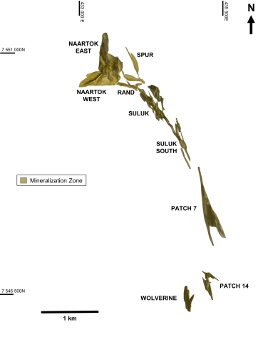 Figure 6: Plan view of the Madrid North and Madrid South deposits, showing the location of Naartok West, Naartok East, Rand, Spur and Suluk, Patch 7, Wolverine and Patch 14 zones. (Photo: Business Wire)