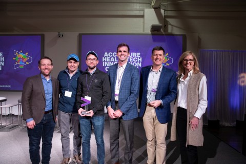 Capital Rx awarded Innovation Champion and Carrot Health awarded Top Innovator at the 2020 Accenture HealthTech Innovation Challenge. Pictured left to right: Brian Kalis, managing director of digital health and innovation at Accenture; AJ Loiacono, CEO of Capital Rx; Ryan Kelly, CTO of Capital Rx; Mike Hartwell, director of business development of Carrot Health; Kurt Waltenbaugh, CEO and founder of Carrot Health; Kristin Ficery, managing director of Accenture’s North America provider practice. (Photo: Business Wire)