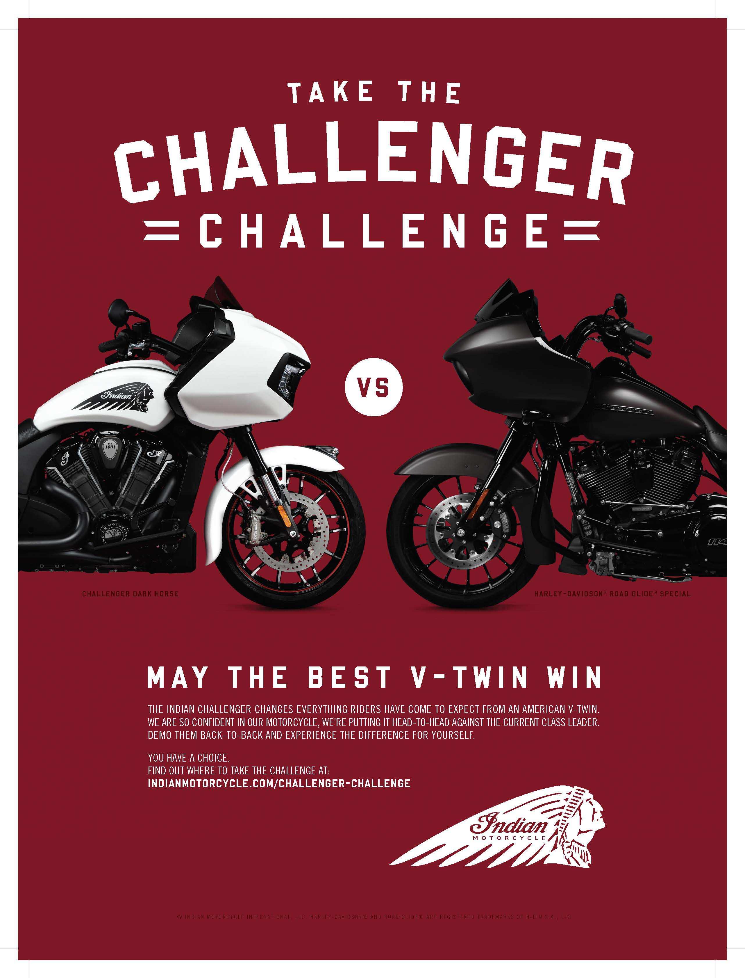 Indian Motorcycle Draws A Line In The Sand With Challenger Challenge A Head To Head Comparison Of The New Indian Challenger Dark Horse Harley Davidson Road Glide Special Business Wire