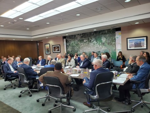 The Port Commission of the Port of Houston Authority listens to the Coalition for a Fair and Open Port's proposals for funding options by private industry along the channel for the widening and deepening of the Houston Ship Channel-Project 11. Seated at far left Victor DiCosimo, executive director of the Coalition for a Fair and Open Port, and seated far right is Port Houston Commission Chairman Ric Campo. (Photo: Business Wire)