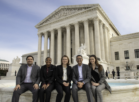 This week, five selected Corvias Foundation scholars and alumni took part in a three-day co-op program in D.C. Pictured here in front of the U.S. Supreme Court (left to right): Cody Long, Tisa Berry, Katelyn Mann, Sean Tolbert, and Brittany Broome. (Photo: Business Wire)