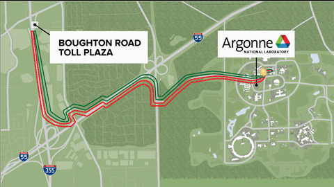 Scientists entangle light particles across the quantum loop in the Chicago suburbs. Animation shows the general path, which winds circuitously across a pair of 26-mile loops from Argonne National Laboratory to the I-355 Boughton Rd. Toll Plaza in Bolingbrook, IL. (Image: Argonne National Laboratory)