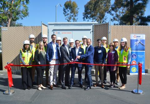EDF Renewables marks the operation of its San Diego corporate headquarters microgrid. Patrick Kelly, Director of EV Operations, Raphael Declercq, EVP Distributed Solutions and Tristan Grimbert, President & CEO cut the ribbon. (Photo: Business Wire)