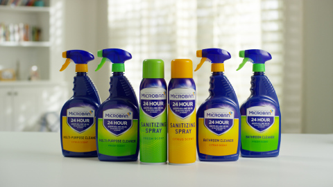 Microban 24 is available in three different forms: a Sanitizing Spray, a Multi-Purpose Cleaner, and a Bathroom Cleaner in both Fresh Scent and Citrus Scent. (Photo: Business Wire)