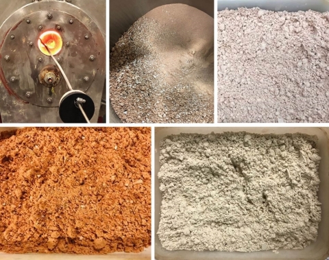 original Spodumene calcination and roasting (from left to right) – (top) pilot kiln, calcined product, milled beta spodumene (bottom) beta spodumene after mixing, beta spodumene after roasting (Photo: Business Wire)