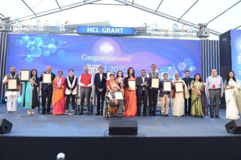 thumbnail Cricketing legend Kapil Dev felicitates winners of HCL Grant 2020. Key HCL personalities (from left to right) -- Ms. Roshni Nadar Malhotra, Vice Chairperson of HCL Technologies and the Chairperson of its CSR committee; Mr. Shiv Nadar, Founder & Chairman; Kapil Dev; Mr. Prateek Aggarwal, Chief Financial Officer, HCL Technologies and Ms. Nidhi Pundhir, Director HCL Foundation (Photo: Business Wire)