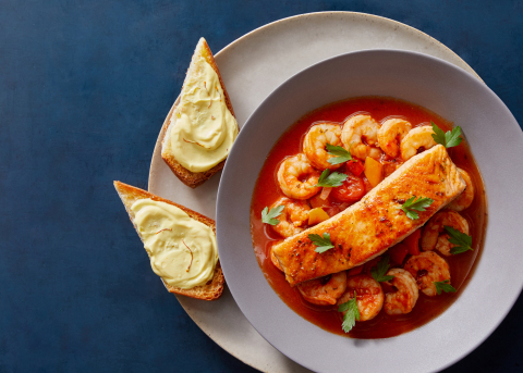 Provençal-Style Salmon & Shrimp with Aromatic Broth & Saffron Toast (Photo: Business Wire)