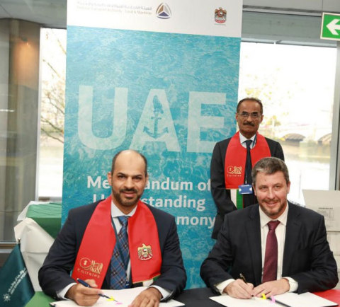 Capt. Maktoum Al Houqani, Chief Corporate Authority Officer, Abu Dhabi Ports, and Mike Fitzpatrick, President and CEO of Robert Allan Ltd. sign the landmark agreement, in the presence of H.E. Dr. Abdullah Belhaif Al Nuaimi, Minister of Infrastructure Development, Cabinet Member, and Chairman of Federal Transport Authority - Land and Maritime, at the International Maritime Organization gathering in London. (Photo - AETOSWire)