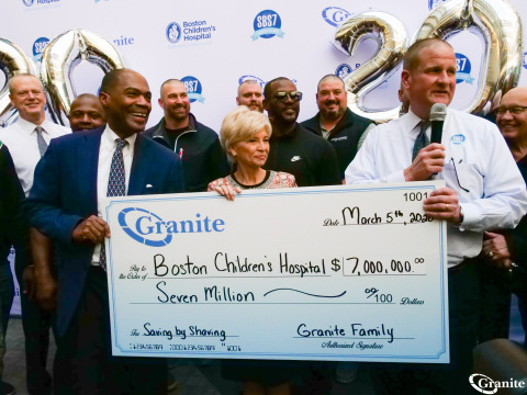 original Boston Children’s President and COO Kevin Churchwell and CEO Sandra L. Fenwick receive a $7 million donation from Granite CEO Rob Hale following Granite’s 7th Annual “Saving By Shaving” fundraising event. (Photo: Business Wire)