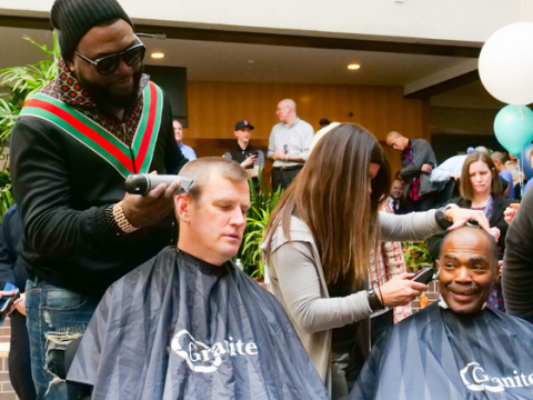 thumbnail David “Big Papi” Ortiz, former Major League Baseball designated hitter and first baseman for the Boston Red Sox, shaves the head of Sam Kennedy, President and CEO of the Boston Red Sox, during Granite’s 7th Annual “Saving By Shaving” fundraising event to benefit Boston Children’s Hospital. (Photo: Business Wire)