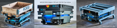 The three new ROEQ products for the MiR250 robot launching today: ROEQ Shelf Carrier Extended, ROEQ Adapter 250, and the ROEQ Shelf-Cart 300 (Photo: Business Wire)