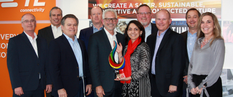 TE Connectivity honors Mouser Electronics with the 2019 Global High Service Distributor of the Year Award. Pictured left to right are Keith Privett, Steve Merkt, Kevin Rock, Sean Miller, Glenn Smith (Mouser President and CEO), Karen Leggio (TE Sr. VP and GM, Channel), Todd Sanders, Jeff Newell, Shad Kroeger and Tammy Stine. (Photo: Business Wire)