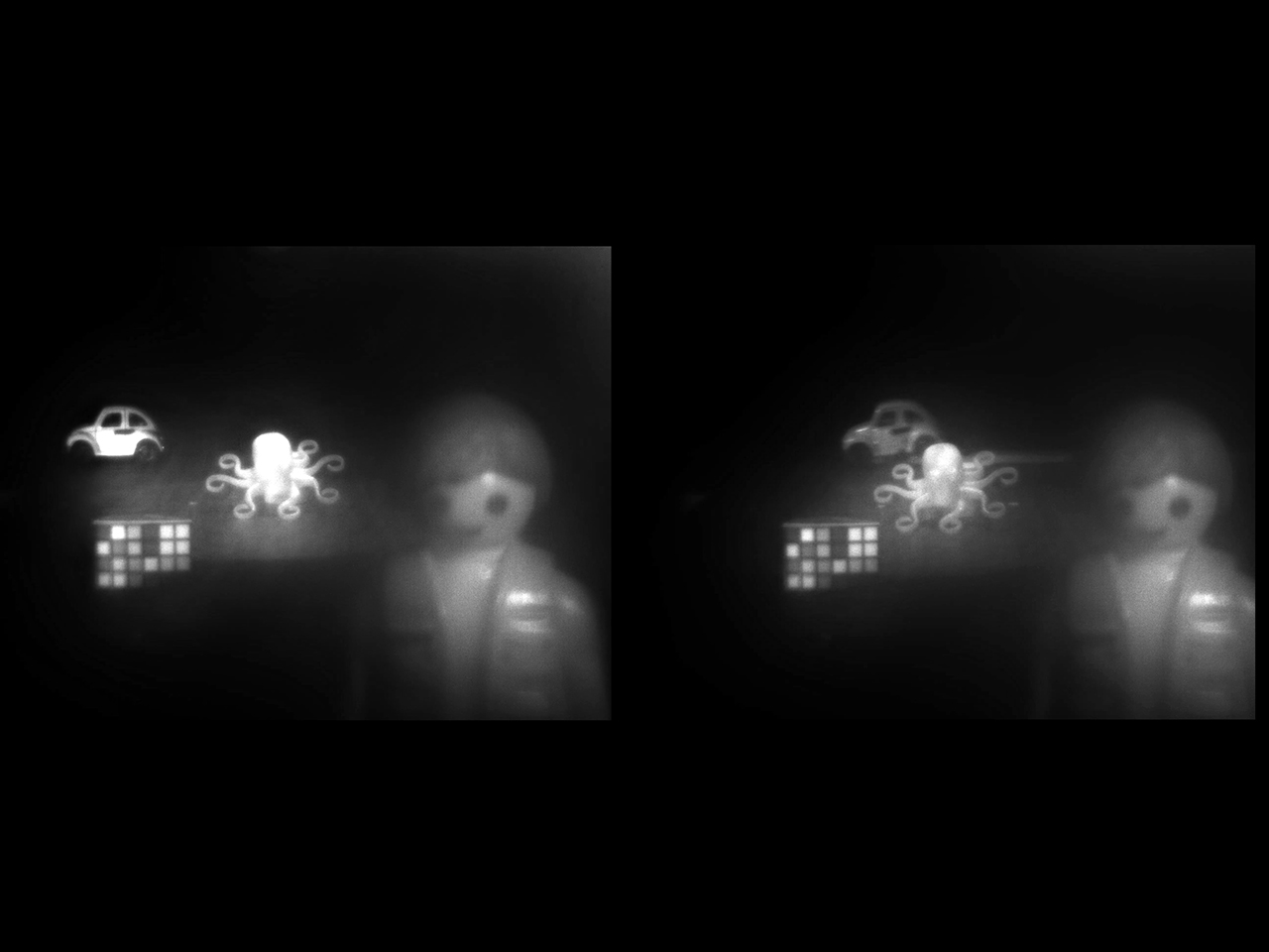 Two panels show separate videos taken using the flat lens and a conventional image sensor. The scene is comprised of objects spanning a distance of ~130cm. Credit: Apratim Majumder, Sourangsu Banerji, Monjurul Meem, Rajesh Menon, University of Utah