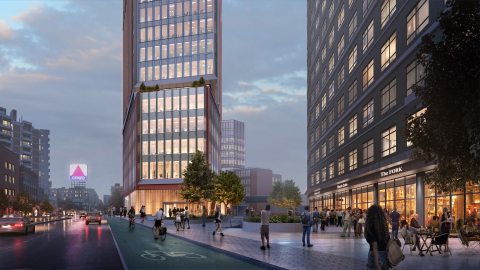 Rendering of IQHQ's Fenway Center project in Boston, which will include three key components: a main 22-story high-rise building, a 12-story mid-rise building, and a shared use automated garage that will be accessible to both buildings. View from Beacon Street. (Photo: Business Wire)