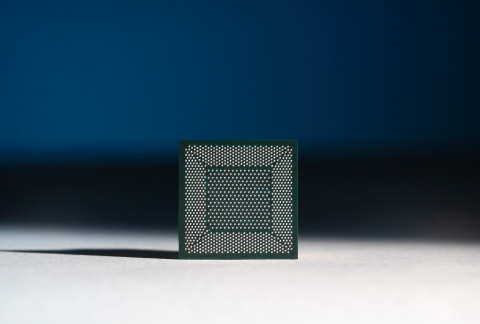 A close-up photo shows Loihi, Intel’s neuromorphic research chip. Intel’s latest neuromorphic system, Pohoiki Beach, will be comprised of 64 of these Loihi chips. Pohoiki Beach was introduced in July 2019. (Credit: Tim Herman/Intel Corporation)