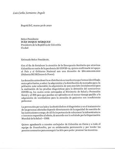 Luis Carlos Sarmiento Angulo, Founder and Chairman of Grupo Aval (NYSE listed: AVAL), announced a $20 million donation to help alleviate the impact of Covid-19 in Colombia.