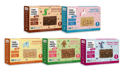 This Saves Lives debuts new Kids Krispy Treats in five mouthwatering flavors, including Crocodile Chocolate Crunch, Unicorn Sprinkle Surprise, Mammoth Marshmallow Krisp, Bigfoot Campfire S’mores, and Dragon’s Dream Cookies N’ Cream. (Photo: Business Wire)