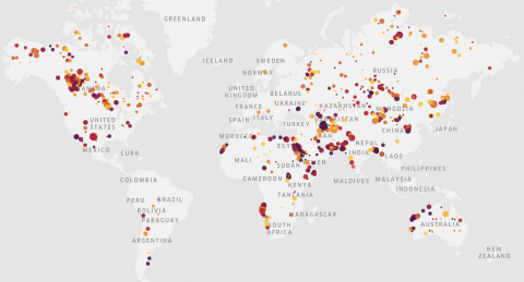 Sample of abnormal methane concentrations (40 ppb above background) detected by Kayrros – analysis over 2019. The size and colour of the circles indicate the size and intensity of the plume detected. The redder the colour, the higher the concentration of the methane plume. Source: Kayrros analysis, contains modified Copernicus data [2019]. (Graphic: Business Wire)