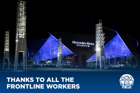 The Mercedes-Benz Stadium in Atlanta, Georgia salutes essential workers in nationwide #LightItBlue initiative during COVID-19 pandemic. (Photo: Business Wire)