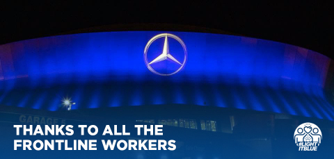 The Mercedes-Benz Superdome in New Orleans, Louisiana lights up in blue to share a 'thank you' to essential workers in nationwide #LightItBlue initiative. (Photo: Business Wire)