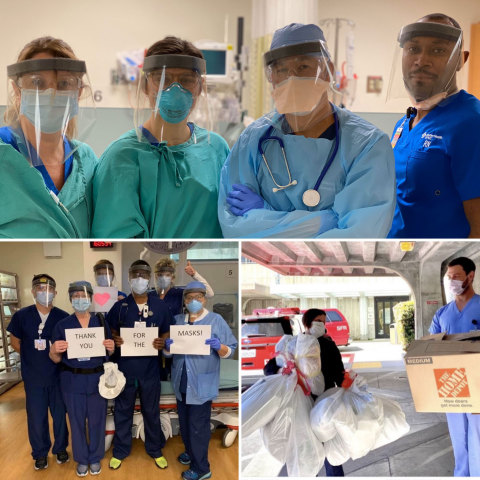 Members of the SAVING FACE group building and donating face shields in the Bay Area to frontline workers battling COVID-19.  (Photo: Business Wire)
