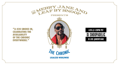 MONDAY 4/20 at 4:20 *PDT*- THE CHRONIC LEGALIZED WORLDWIDE! DJ SNOOPADELIC x IG LIVE on @merryjane. Celebrating the first-time Dr. Dre’s groundbreaking 1992 album, "The Chronic,” being available across all global streaming platforms. Tune in to MERRY JANE's IG LIVE at exactly 4:20 *PDT* on 4/20 to "smoke-in" with @snoopdogg and all music lovers and weed aficionados. Follow @merryjane for updates and giveaways! (Graphic: Business Wire)