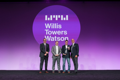Photo courtesy of AGC of America. Pictured left to right: William (Bill) Creedon, North America Construction Industry, Willis Towers Watson; Rocky Rowlett, vice president of safety, Faith Technologies; Mike Jansen, CEO of Faith Technologies; and Dirk Elsperman, 2019 AGC President. (Photo: Business Wire)