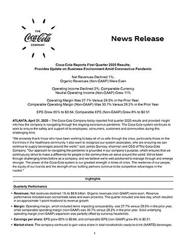 Coca-Cola first quarter 2020 full earnings release