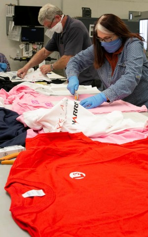 original Combining the spirit of Earth Day with COVID-19 relief support, L3Harris employees Raymond Gremminger and Joan Weathers in Waco, Texas recycle surplus materials to produce cloth face masks for fellow employees and customers throughout the United States. Company employees are participating in a wide range of Earth Day initiatives to showcase their commitment to reduce, reuse and recycle materials at L3Harris’ more than 400 locations worldwide. (Photo: Business Wire)