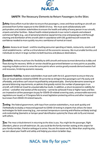 SAFETY pamphlet outlining actions NACA believes must be taken to ensure that the U.S. airline industry can restore public confidence and be a safe catalyst for economic recovery.