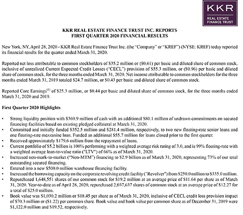 1Q 2020 KREF Earnings Press Release