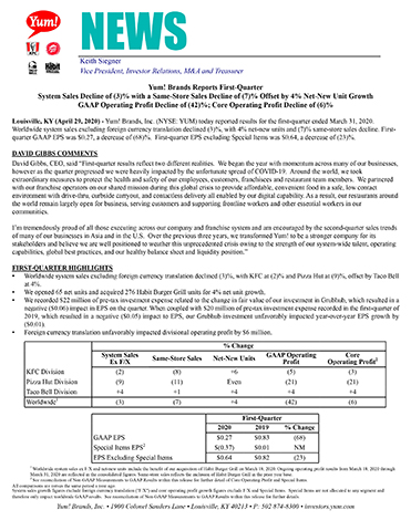 Yum! Brands Reports First-Quarter System Sales Decline of (3)% with a Same-Store Sales Decline of (7)% Offset by 4% Net-New Unit Growth; GAAP Operating Profit Decline of (42)%; Core Operating Profit Decline of (6)%