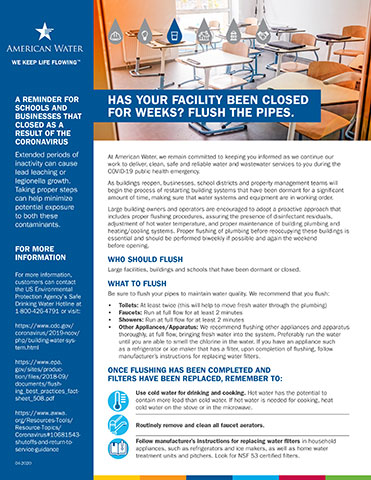 American Water flushing recommendations for buildings and schools following periods of inactivity