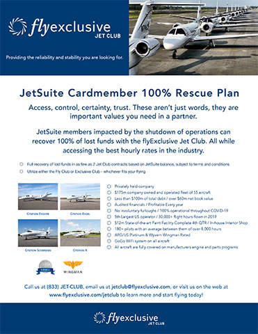 thumbnail flyExclusive will match JetSuite Card Members’ lost funds 100% with Jet Club (Graphic: flyExclusive)