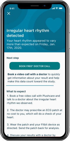 The Fitbit Heart Study uses eligible devices with 24/7 heart rate tracking technology to collect data and will notify users who may be experiencing an irregular heart rhythm. (Graphic: Business Wire)