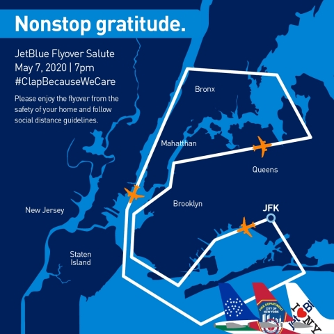 New York’s Hometown Airline® will salute healthcare workers and first responders in the Big Apple with a low altitude flyover above New York City tomorrow, May 7 at 7 p.m. ET