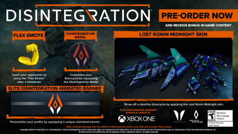 Players who pre-order the game will receive bonus cosmetic digital content for multiplayer gameplay, including a unique Lost Ronin Midnight crew skin, Flex emote, Disintegration Medal Gravcycle attachment, and platform-exclusive animated player banners. Pre-orders for Disintegration are available now for Xbox One and PC via Steam. (Graphic: Business Wire)