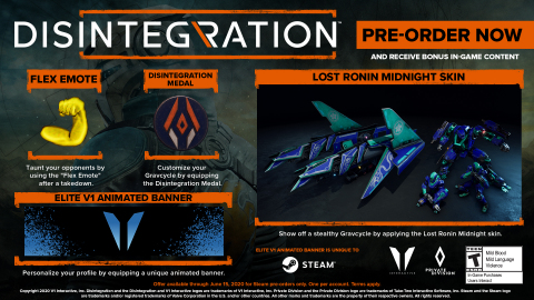 Players who pre-order the game will receive bonus cosmetic digital content for multiplayer gameplay, including a unique Lost Ronin Midnight crew skin, Flex emote, Disintegration Medal Gravcycle attachment, and platform-exclusive animated player banners. Pre-orders for Disintegration are available now for Xbox One and PC via Steam. (Graphic: Business Wire)