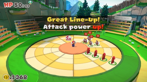 Paper Mario: The Origami King also introduces a new ring-based battle system that lets you flex your puzzle-solving skills to line up scattered enemies and maximize damage. While the enemies may be crafted from paper, these dynamic, turn-based battles are far from stationary. (Graphic: Business Wire)