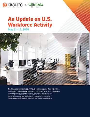 Analyzing 30,000 businesses with more than 3.2 million total employees, the U.S. Workforce Activity Report from Kronos Incorporated provides an immediate view into the preceding week’s data, including employee shifts worked, new hires, terminations, and pay statements. The report – currently analyzed and released weekly – compares workplace trends since the week ending March 15, 2020, when the U.S. declared a national state of emergency, against pre-pandemic conditions.