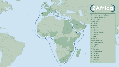 2Africaの陸揚国の地図。（写真：ビジネスワイヤ）