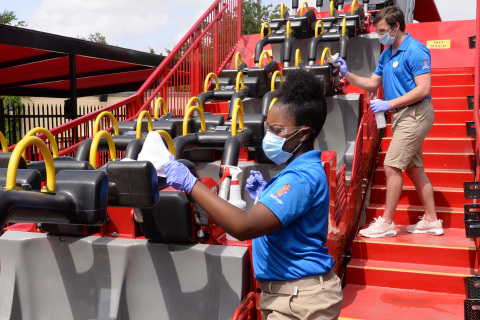 Six Flags clean teams will clean rides, restraints, and railings throughout the day. (Photo: Business Wire)