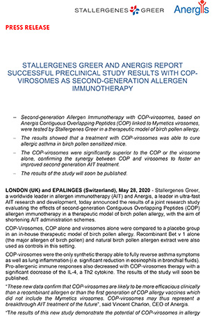 Stallergenes Greer and Anergis report successful preclinical study results with COP-virosomes as second-generation allergen immunotherapy