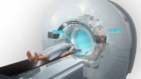 The innovative design of the RefleXion™ X1 machine rotates up to 60 times faster than other linear accelerators and modulates the radiation dose from 100 points per beam station for precise dose delivery. This image depicts two 90-degree PET arcs that sense tumor emissions to guide radiotherapy delivery. (Graphic: Business Wire)