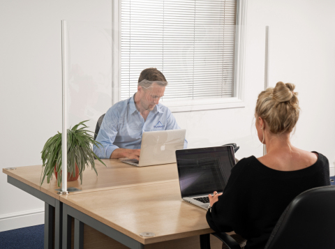 original Jordan Defense Shield against COVID-19 installs in seconds in offices, schools, or retail areas, and it is just as easily uninstalled for relocation. (Photo: Business Wire)
