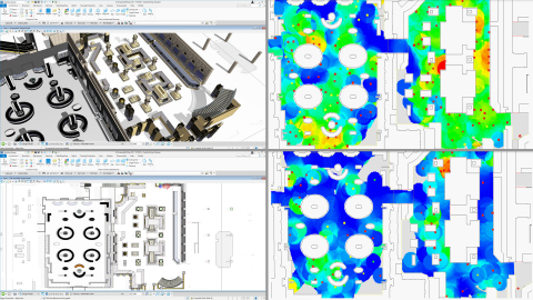 左上はOpenBuildings Station Designerで作成した小売店運用の3Dモデル。左下は2D図面で、それをLEGION Simulatorに読み込んで2通りのシナリオでテスト（右）。例は混雑率75%（右上）と、安全な対人距離の条件を満たした25%（右下）。（写真：ビジネスワイヤ）